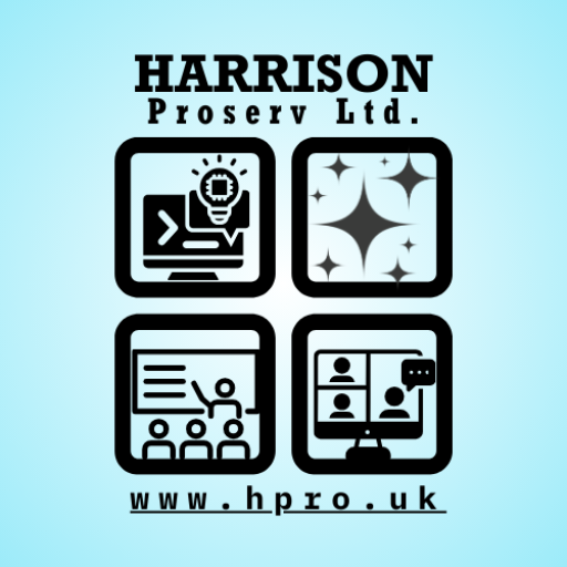 Company logo. Text reads Harrison Proserv Ltd. and www.hpro.uk. Four boxes contain graphics that represent technology, AI, teaching and meeting online.